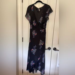 FATE true wrap dress, size large, black with floral pattern.